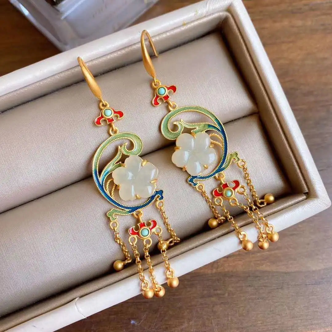 Natural Hetian Jade Flower Earrings Matte Luxurious Style Ice-like Camellia National Fashion Dinner Dress Eardrop Jewelry