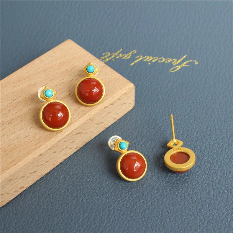 S925 Sterling Silver Natural Hetian Jade Green Jade White Jade Southern Red Agate Stud Earrings for Women Fashion Popular Retro