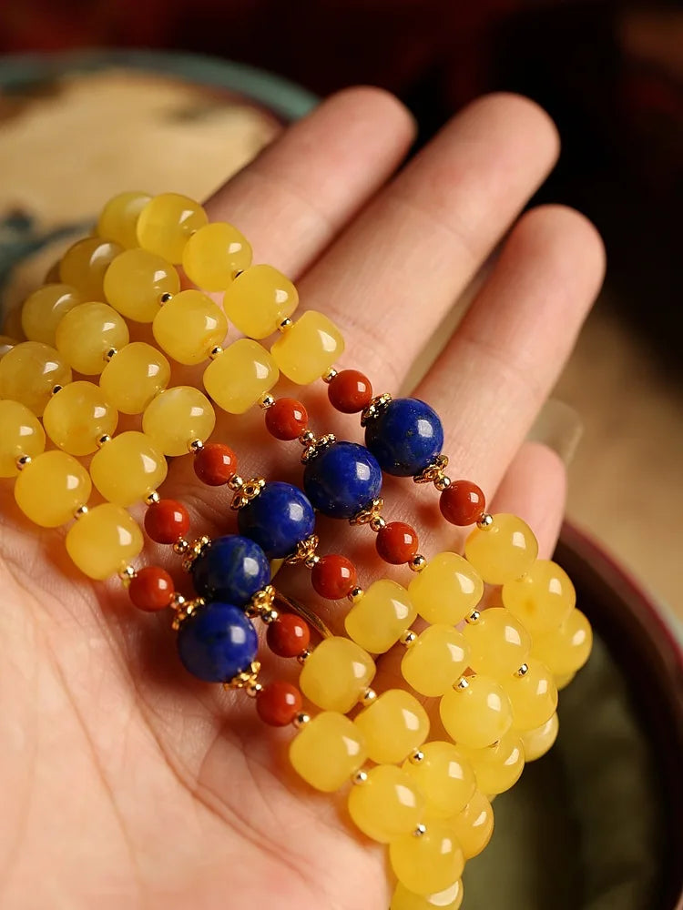 Xiaoyinjiang Natural Beeswax Amber Multi-Treasure Bracelet Women's Jade Bead Crystal Jade Beaded Beads Gemstone Bracelet