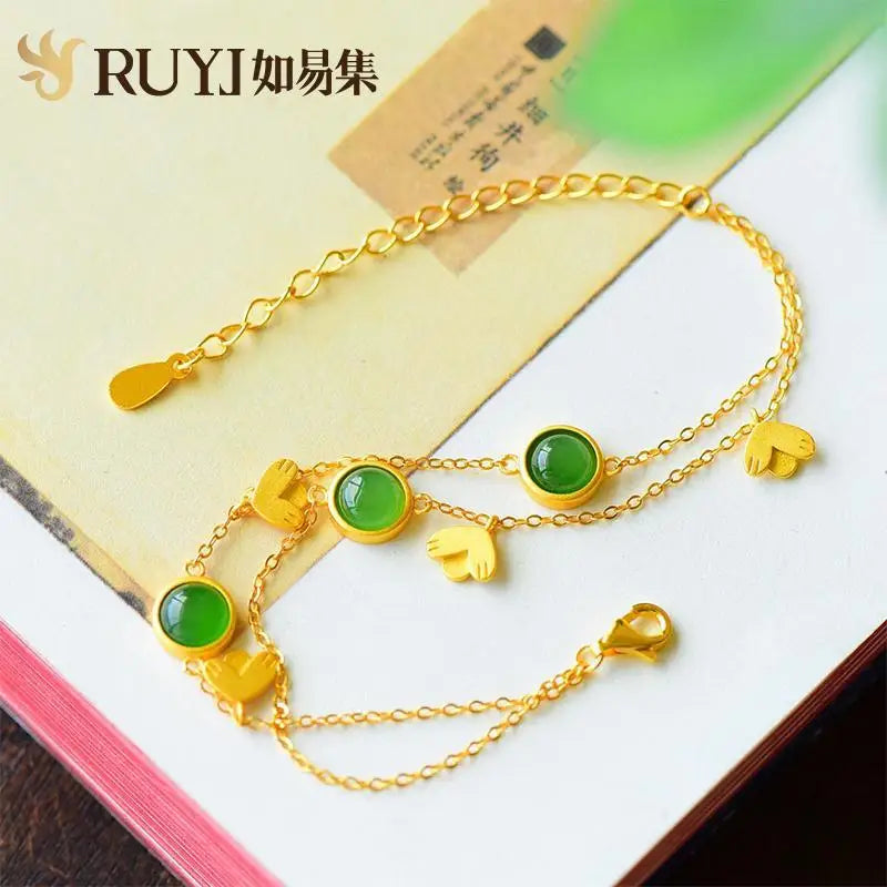 Natural Hetian Jade Bracelet Female Ins Special-Interest Design Mori Style Sterling Silver Inlaid Small Heart Starry Bracelet