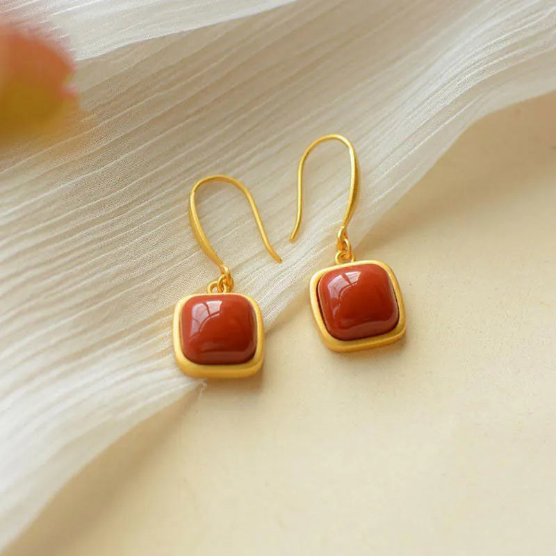 Classic Square Earrings Women's S925 Sterling Silver Inlaid Southern Red Agate Earrings Simple All-MatchingGraceful Women'sEar