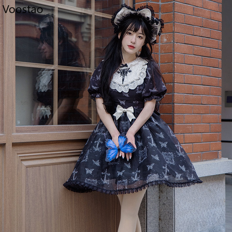 Japanese Gothic Lolita OP Dress Kawaii Dark Butterfly Print Lace Ruffles Party Dress With Removable Sleeves Girls Y2K Punk Dress