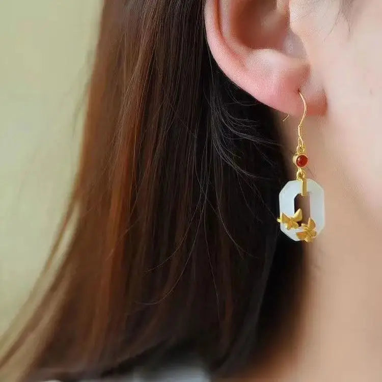 Vintage Gilding S925 Sterling Silver Gold-Plated Natural Hetian Jade White Jade Square Earrings Earrings Women's Ear Studs Earri