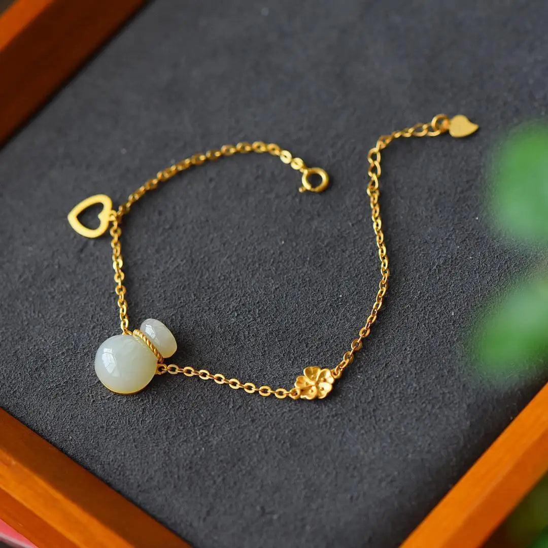 Natural Hetian Jade Gourd Bracelet Women's Palace Style Simple Temperamental Sterling Silver Gold Plated Recurrent Fate Year Goo