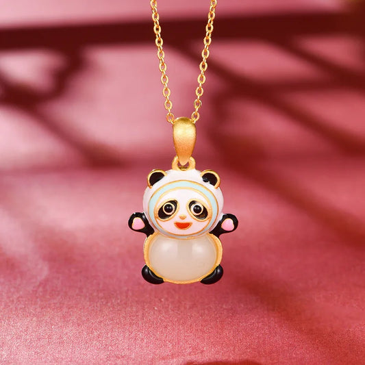 S925 Silver Inlay Natural Hetian Jade Jewelry Panda National Trendy Style Pendant Necklace for Women