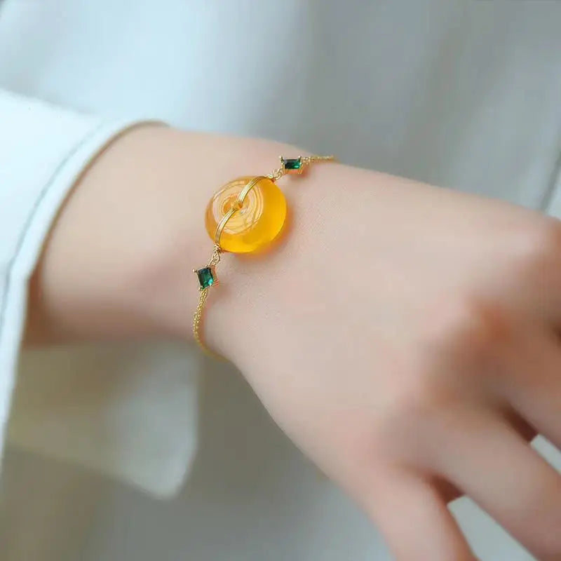 Natural Hetian Jade Yellow Beeswax Peace Buckle S925 Sterling Silver Bracelet Women's Fashion Amber Jewelry Gifts for Girlfriend