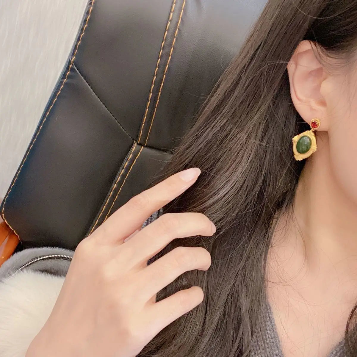 Natural Hetian Jade Gray Jade Stud Earrings Personality Fashion Korean Style Lady Temperament S925 Sterling Silver Ear Stud