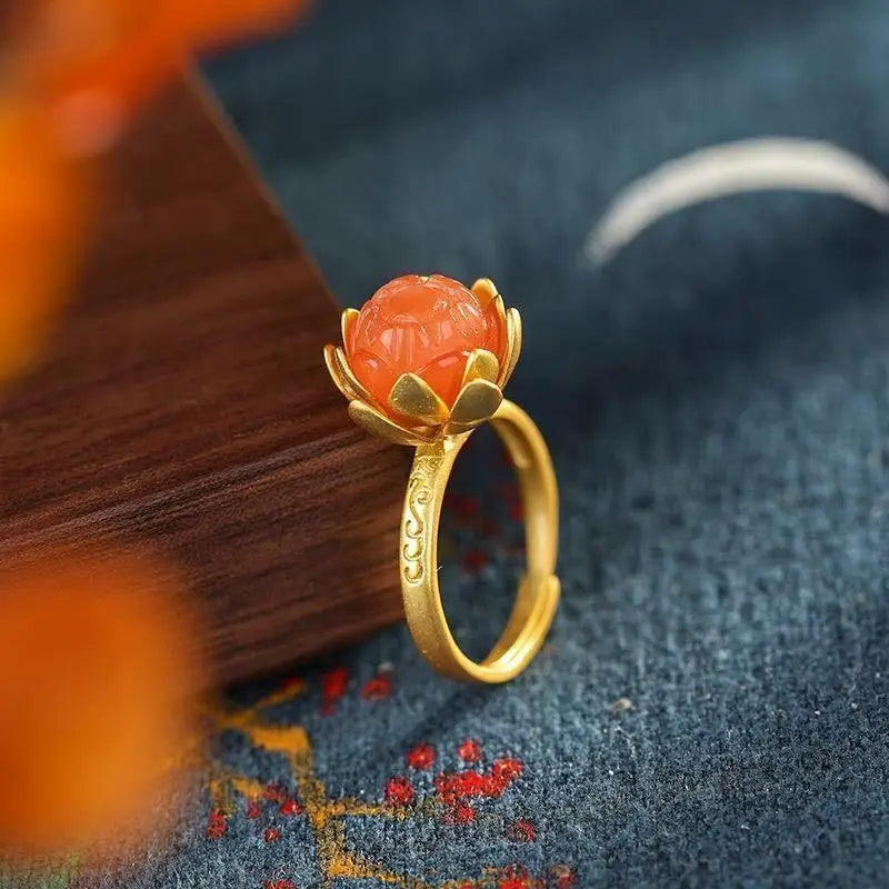 Natural Hetian Jade Southern Red Agate Inlaid S925 Magnolia Ring Elegant and Ethnic Style Retro Chinese Style Women's