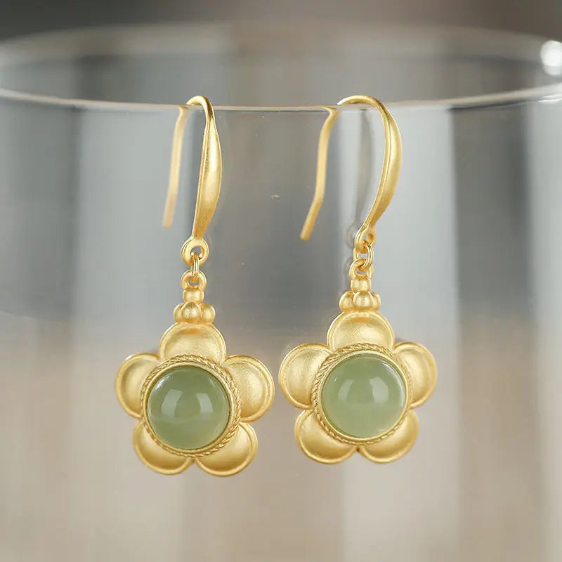 Natural Hetian Jade Green Jade Plum Earrings S925 Women's Sterling Silver Fashion Retro Characteristic Popular All-Matching Silv