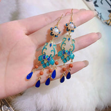 Load image into Gallery viewer, S925 Sterling Silver Gold Plated Cloisonne Natural Hetian Jade Palace Antiquity Temperament Ladies Tassel Earrings Eardrops
