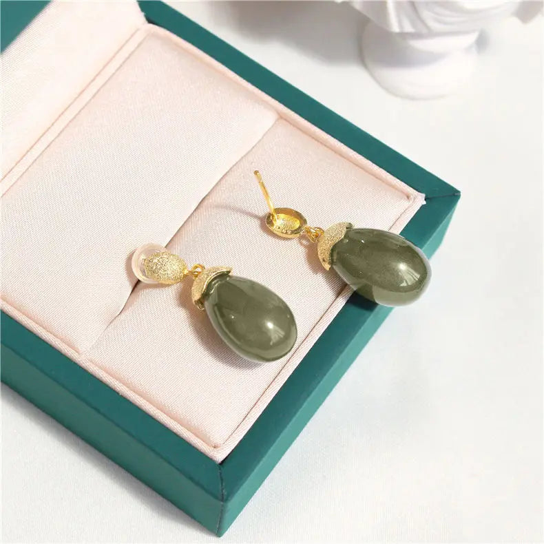 Natural Hetian Jade Green Jade Oval Earrings Elegant and Ethnic Style Sterling Silver S925 Anti-Allergy Earrings Antique Chinese