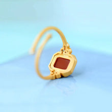 Load image into Gallery viewer, Natural Hetian Jade Square Plate XINGX Ring Inlaid with S925 Sterling Silver Gold Plated Southern Red Agate Ring Chinese Style
