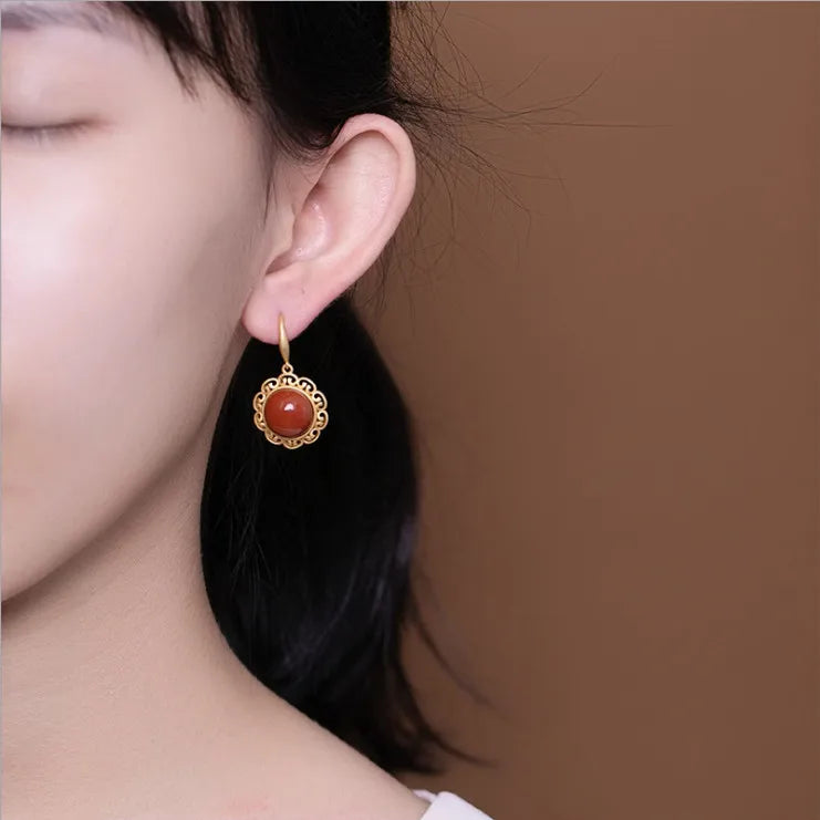 S925 Sterling Silver Earrings Gold High-Grade Natural South Red Agate Gemstone Elegant All-Matching Cool Fashion Women's Jewelry