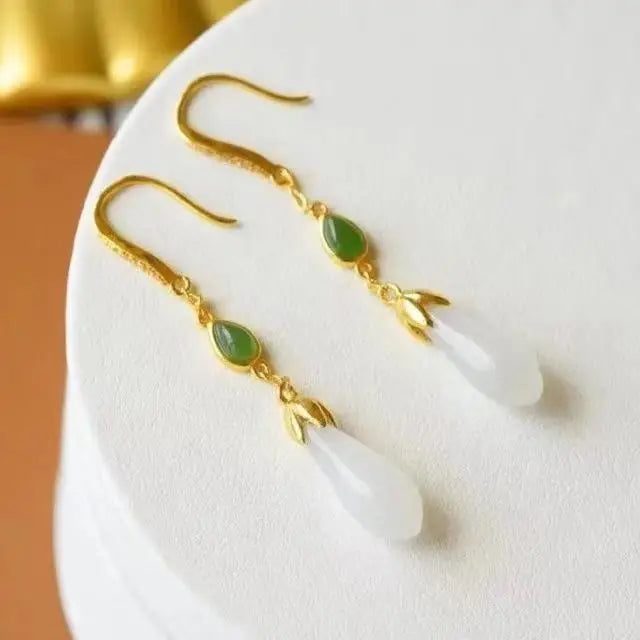 New S925 Sterling Silver Natural Hetian Jade Earrings Retro Han Chinese Clothing Earrings Inlaid Long Ornament