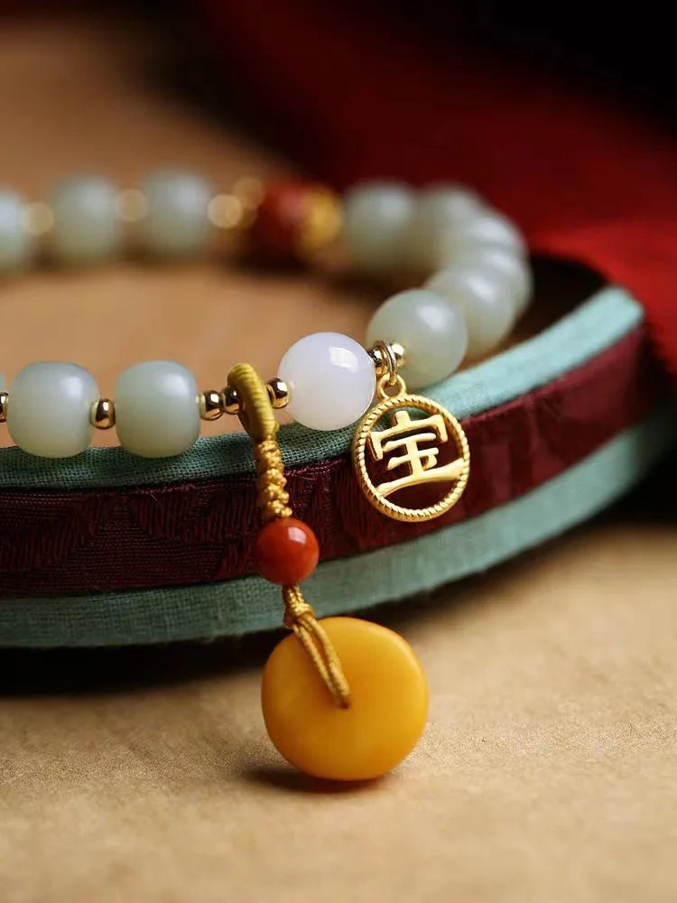 Xiaoyinjiang Natural Hetian Jade Qiemo Blue Bracelet Female Old Beeswax Peace Buckle Jade Beaded Beads Multi Jewels Bracelet