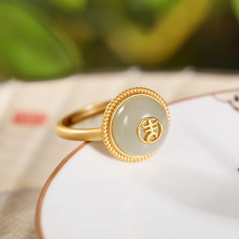 Original S925 Sterling Silver Gold-Plated Natural Hetian Jade Open Ladies Ring Personalized Auspicious Simple Temperament Ring