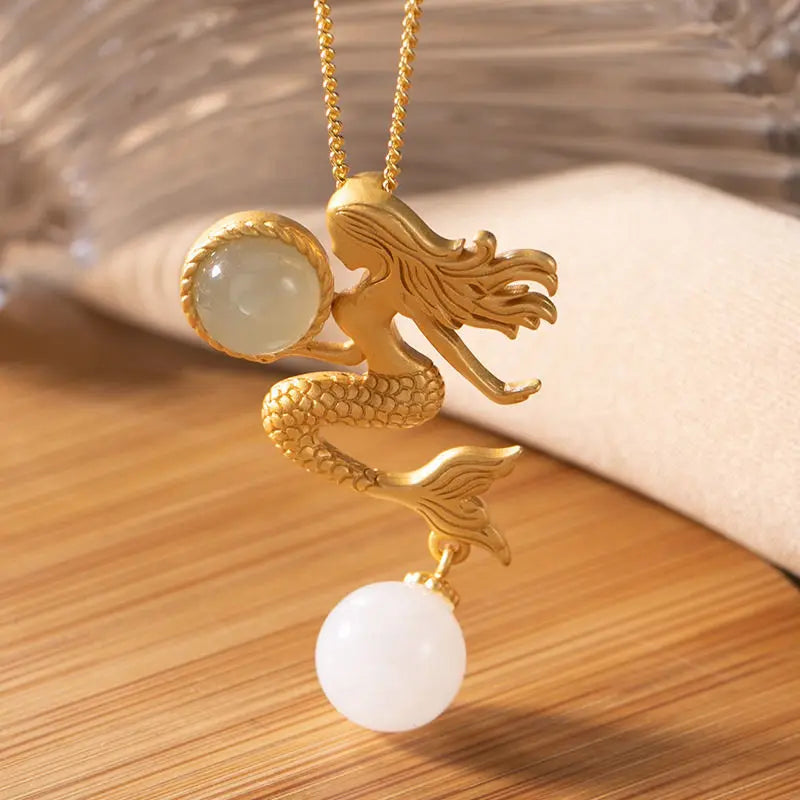 Mermaid Pendant Necklace Sterling Silver Gold Plated Hetian Jade Gray Jade round Beads Sea Daughter Clavicle Chain Mermaid Legen