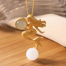 Load image into Gallery viewer, Mermaid Pendant Necklace Sterling Silver Gold Plated Hetian Jade Gray Jade round Beads Sea Daughter Clavicle Chain Mermaid Legen
