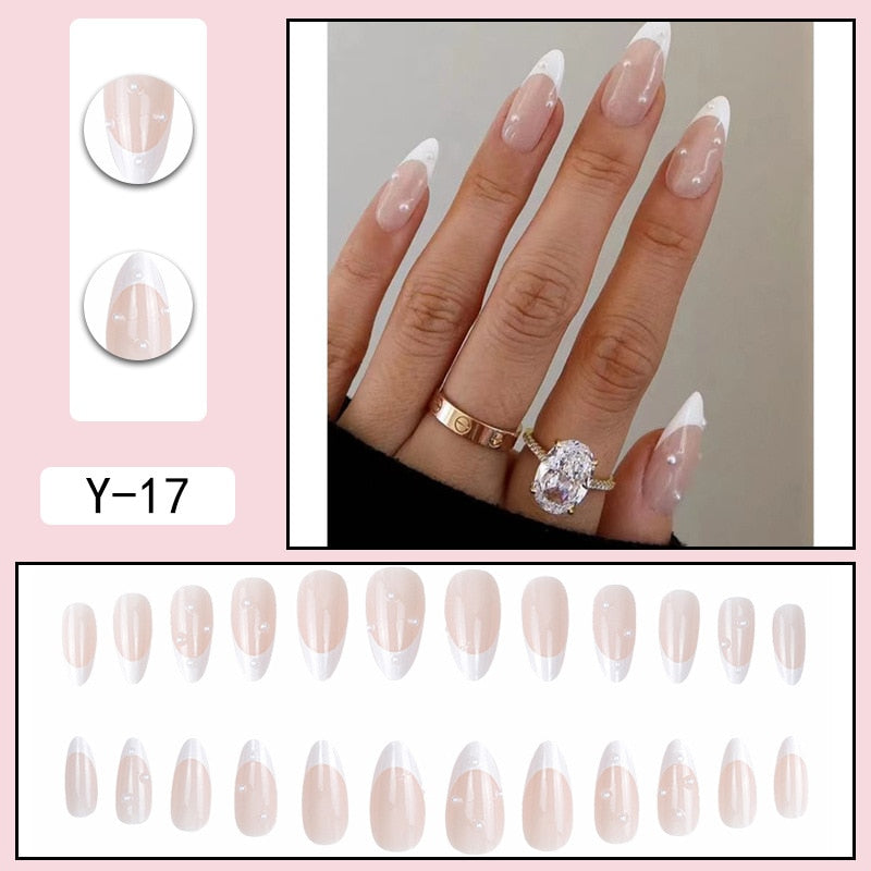 24pcs French Point Diamond Fake Nails Wearing Artificial Square Head Press On Acrylic Nail Art Pearl Patch Almond False Nails