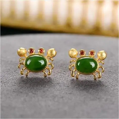 Pure Natural Jasper Crab Stud Earrings Silver Plated Cute Fashion Earrings Hetian Jade Unique Exquisite Earrings Silver Jewelry