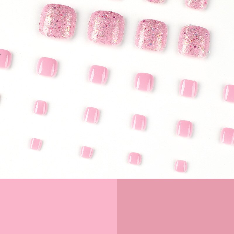 24pcs Fake Nails Pink Sequinsr with Toe Press on Set  Short Length with Glue Reusable Artificial False Stick-on Nails Art