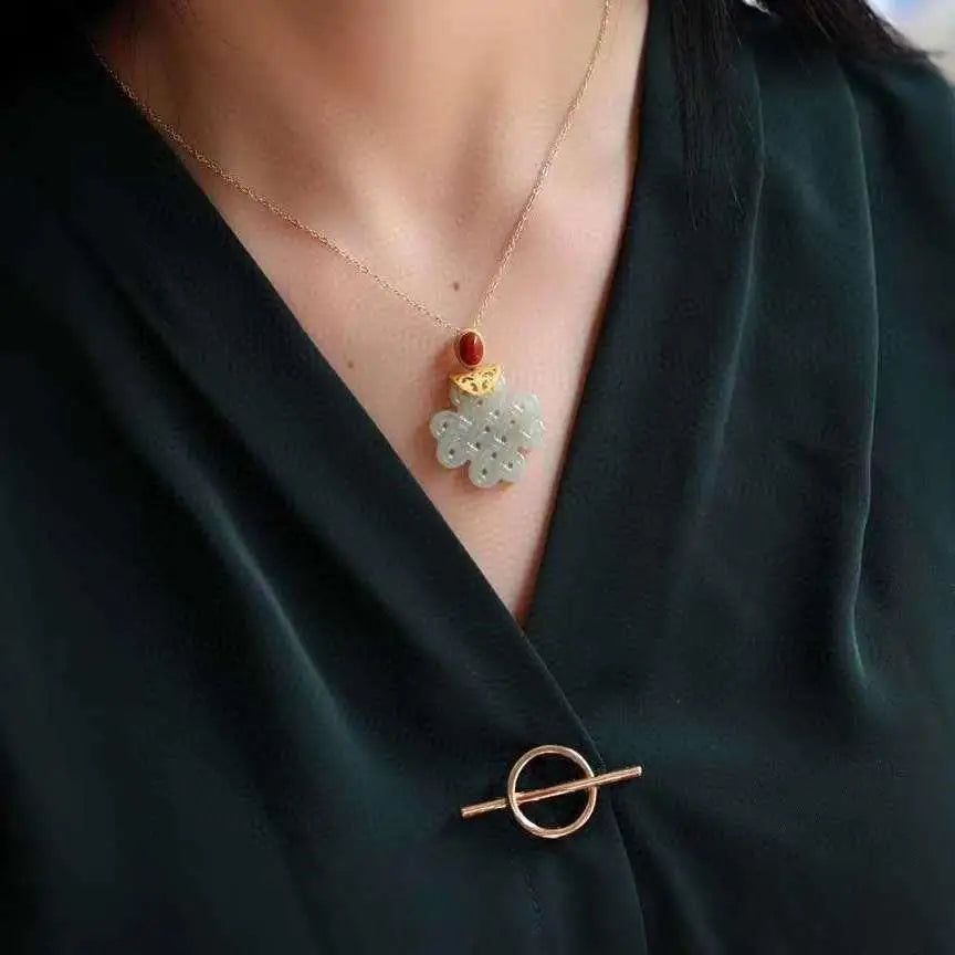 Natural Hetian Jade Hollow Carved Chinese Knot Pendant Ruyi Female Jade Necklace Chinese Style Retro Ethnic Style Jewelry