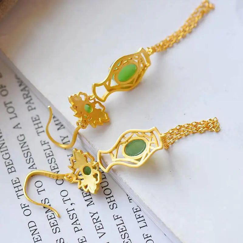 Super Fairy Retro Style Tassel Earrings Women's Sterling Silver Gold Inlaid Hetian Jade Green Jade Earrings Long Temperament