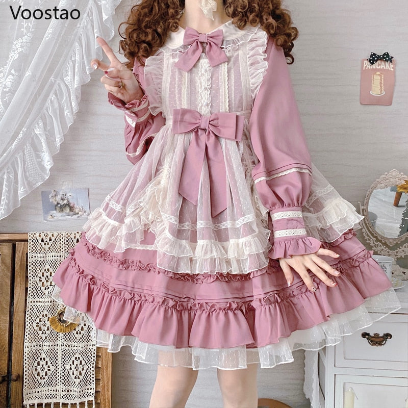 Vintage Cute Bow Lace Ruffles Long Sleeve Party Dresses
