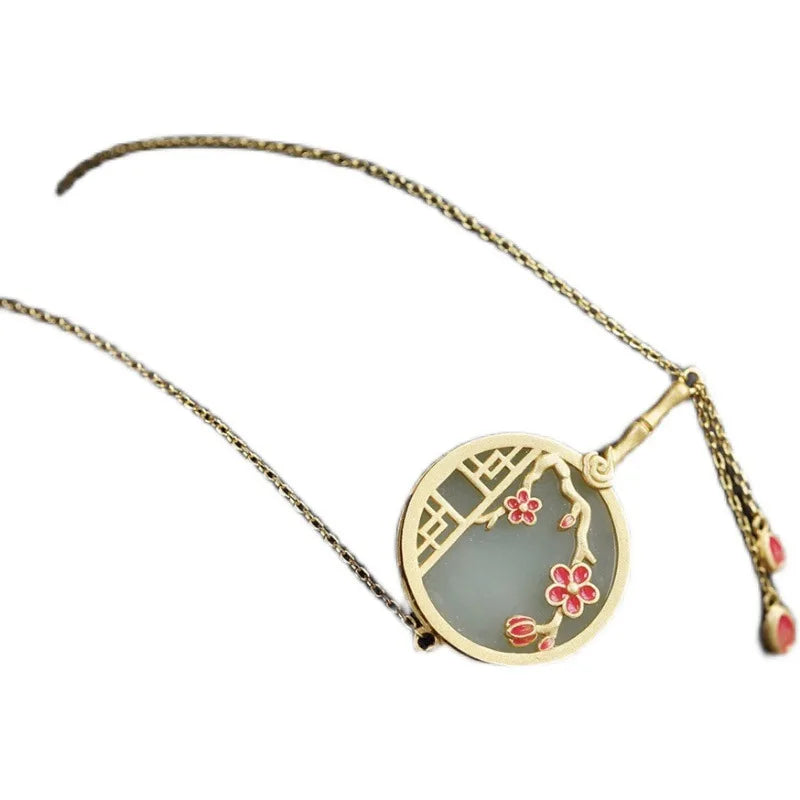 Chinese Style Ancient Style Small Fan Plum Tassel Gold-Plated Astringent Imitation Hetian Jade Enamel Necklace for Women Han