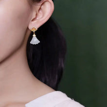 Load image into Gallery viewer, Natural Hetian Jade White Jade Fan Shaped Stud Earrings S925 Sterling Silver Personality Fan Shaped Stud Earrings Trendy
