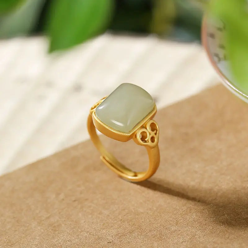 Natural Hetian Jade Gray Jade Ring Sterling Silver S925 Court Retro Personalized Index Finger Ring Square Elegant Adjustable Wom