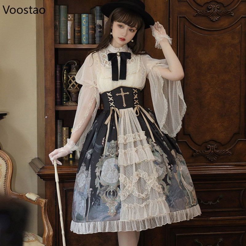 Victorian Gothic Lolita Dress Set Women Sweet Bow Lace Long Sleeve Shirts+Dark Print Skirt Suit Elegant Vintage Princess Sets