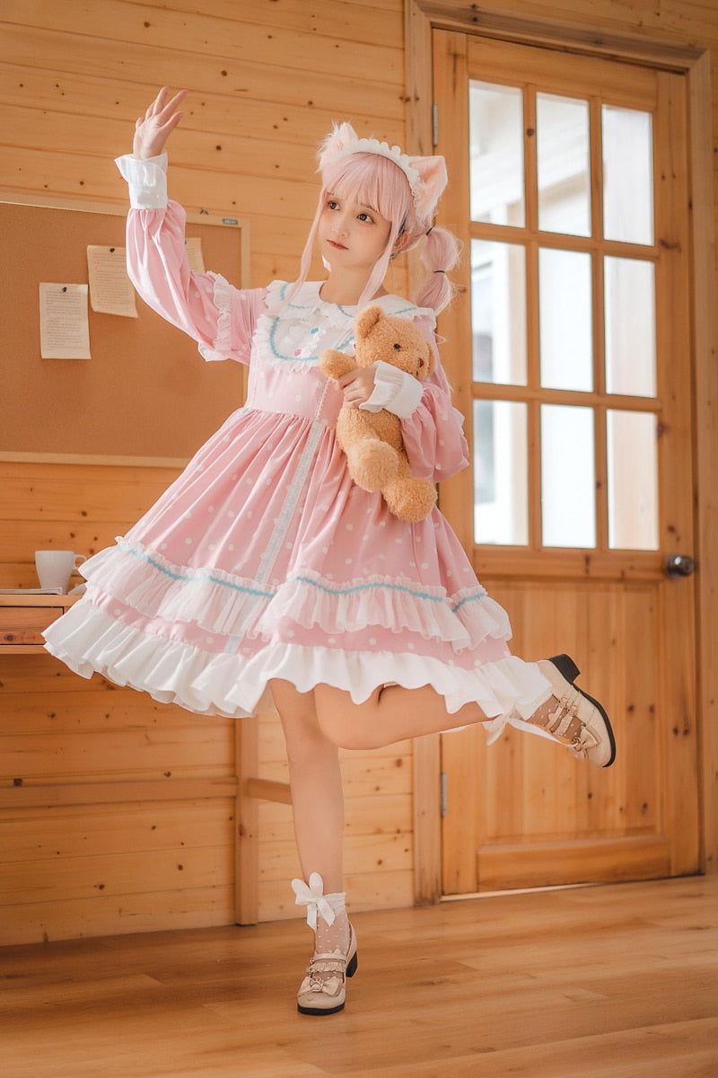 Sweet Lolita Style Wave Point Print Long Sleeve Party Dresses
