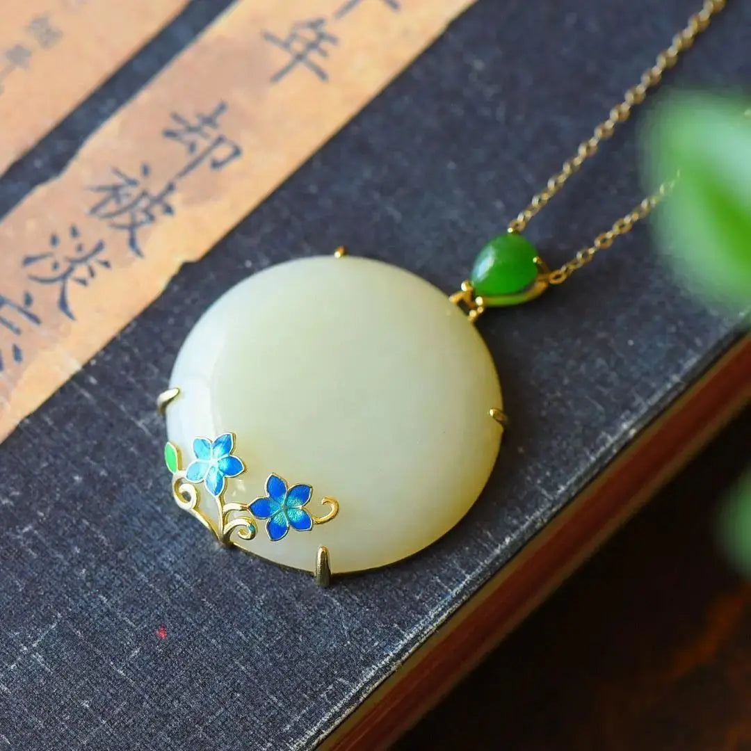 Hetian Jade Safety Buckle Pendant Women's Retro Ethnic Style Necklace Women's Clavicle Chain Sterling Silver Classical Flower