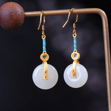 Load image into Gallery viewer, S925 Sterling Silver Inlaid Natural Hetian Jade Flat White Jade Buckle Earrings White Jade Ancient Chinese Style Anti-Allergy Wo
