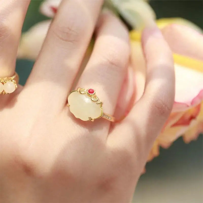 S925 Sterling Silver Gold Natural Hetian Jade Peach Ring Vintage Graceful Personality Women's Open Jade Gem Ring