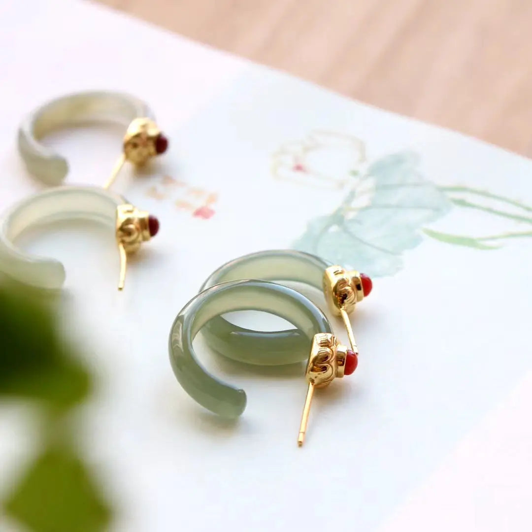 Retro Stud Earrings Beautiful Classical Ancient S925 Sterling Silver Earrings Ancient Style Super Fairy Natural Gray Jade Hetian