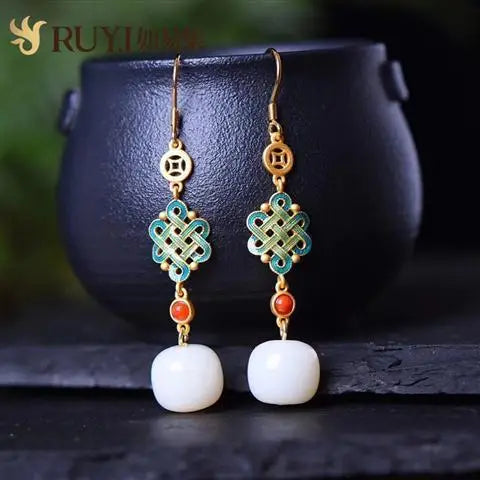 Antique Earrings Earrings Chinese Style Old-Shaped Beads Hetian Jade Earrings Ethnic Style Retro Temperament Chinese Knot Ear