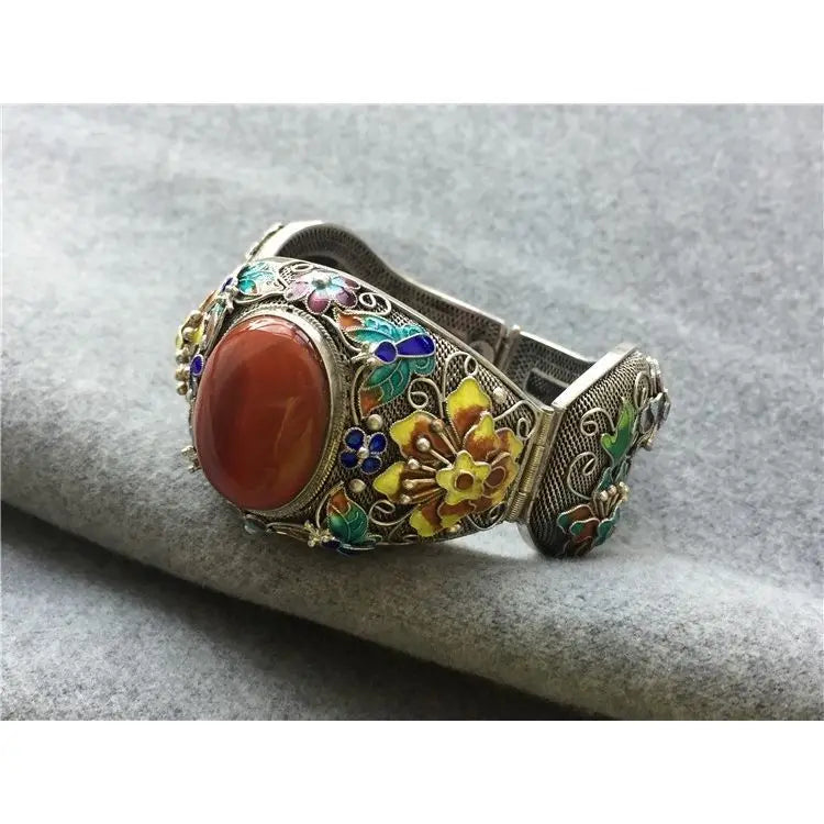 Flower Blooming Rich Handmade Silk Burnt Blue 925 Silver Inlaid Red Stone Retro Separable Mold Bracelet Ring for Women
