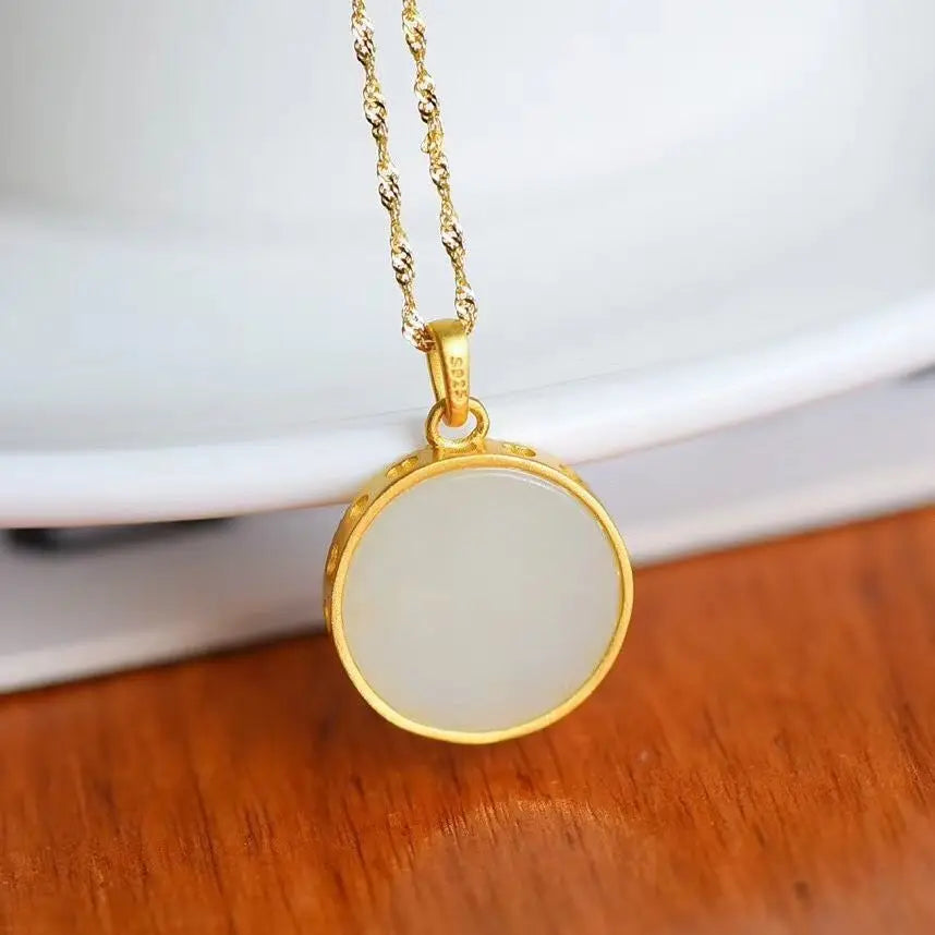 S925 Sterling Silver Inlaid Natural Hetian Jade White Jade round Brand Apollo Pendant Fashion Popular All-Match Vintage Ornament