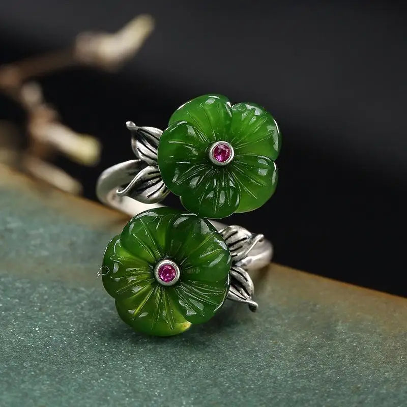 Natural Hetian Jade Green Jade Double-Headed Plum Blossom Ring S925 Silver Vintage Women's Open Index Finger Ring Gifts for Moms