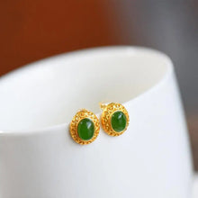 Load image into Gallery viewer, S925 Sterling Silver Gilding Oval Earrings Inlaid Natural Jasper Stud Earrings Alluring Fresh Green Simple Elegant Fashion
