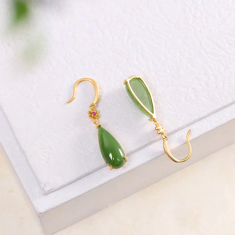 S925 Sterling Silver Earrings Gold-Plated Inlaid Natural Hetian Jade Green Jade Water Drop Earrings Earrings Elegant and Ethnic