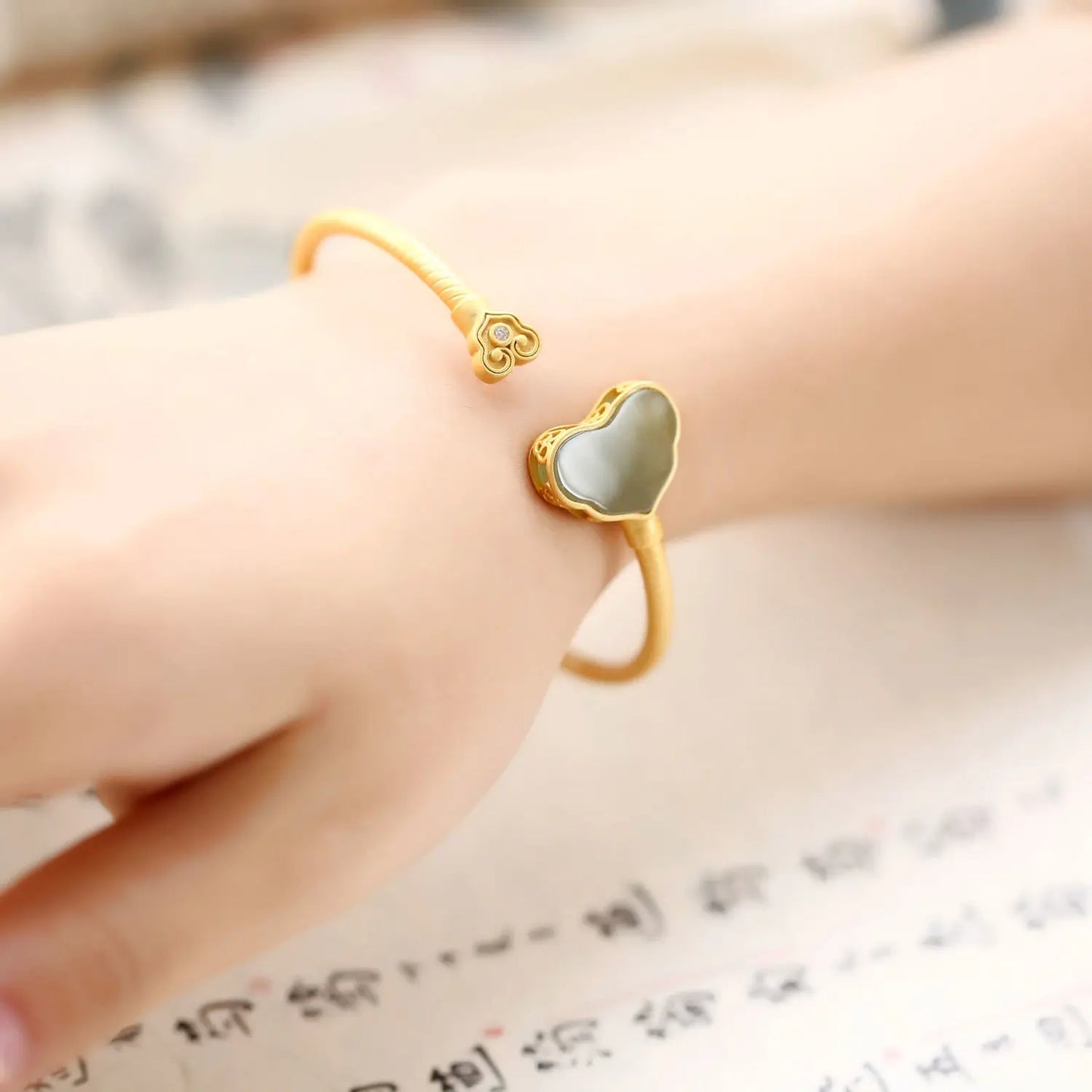 S925 Sterling Silver Gold-Plated Ruyi Gray Jade Bracelet Ancient Style Inlaid Natural Hetian Jade Ginkgo Leaf Chinese Style