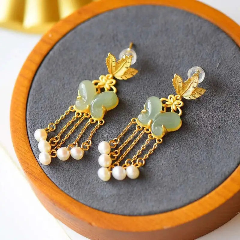 Natural Hetian Jade Gray Jade Butterfly S925 Sterling Silver Ancient Thick Gold Inlaid Ear Studs Pearl Tassel Temperamental