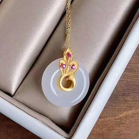 Natural Hetian Jade Safety Buckle Pendant Jade Sterling Silver Gilding Phoenix Vintage Necklace Women's White Jade to Give Mom