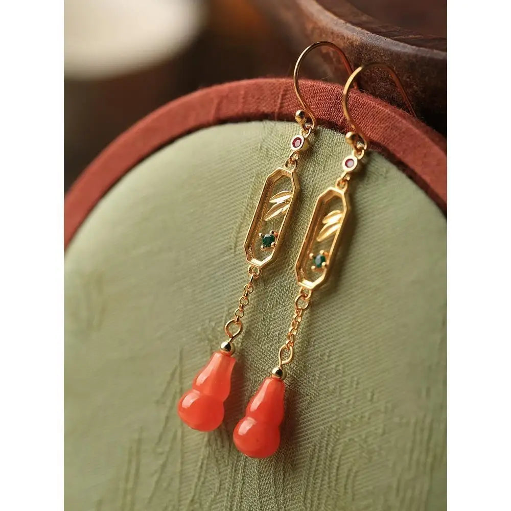 Chinese Ethnic Style South Red Agate Gourd Long Tassel 925 Sterling Silver Earrings Female Temperament Court Earrings Eardrops