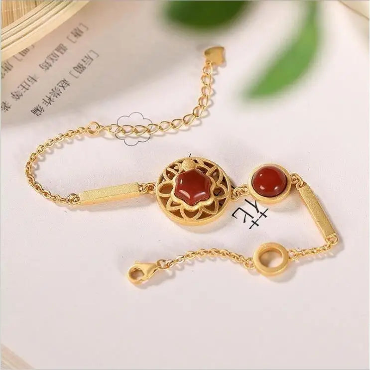 South Red Plum Bracelet Silver Plated Hollow Pattern Agate Stone Bracelet Palace Style Hanfu Exquisite Fashion Bangle