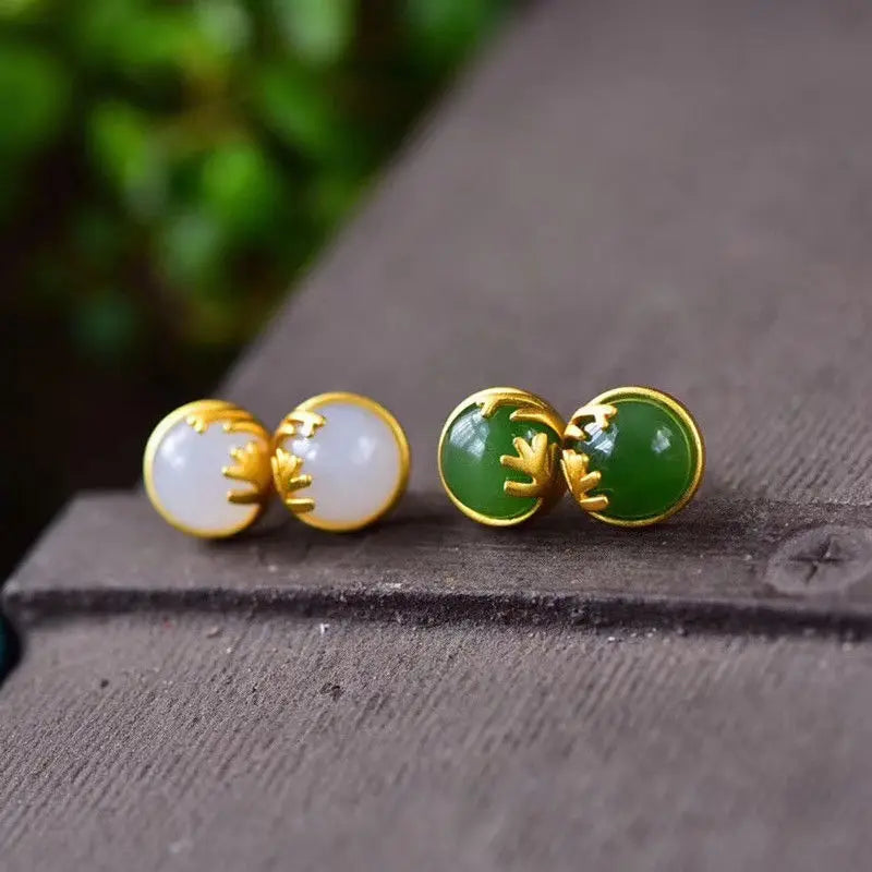 Natural Hetian White Jade Jasper Inlaid S925 Sterling Silver Ancient Style Thick Gold Stud Earrings Fashion Popular Classic Orna