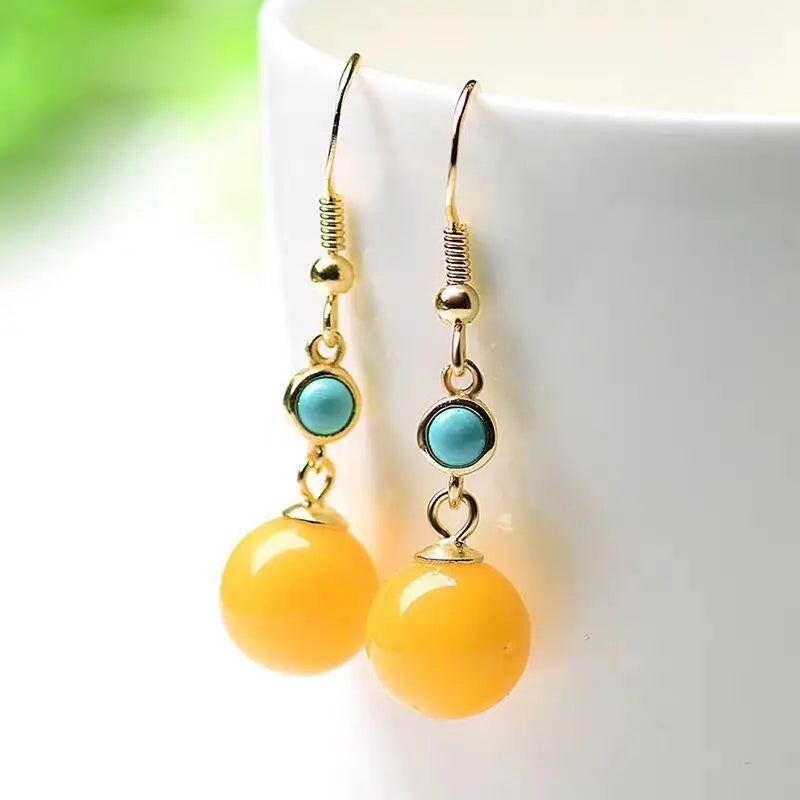 S9s25 Sterling Silver with Green Pine Amber Beeswax Eardrops Genuine Amber Earrings Long Gift for Ladies Mother